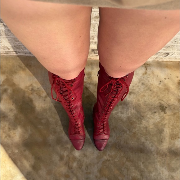 Jeffrey Campbell Sz 9 Red Free People Joe 2 Tall Lace Up Boots 100% Lambs Leathe - Picture 7 of 16